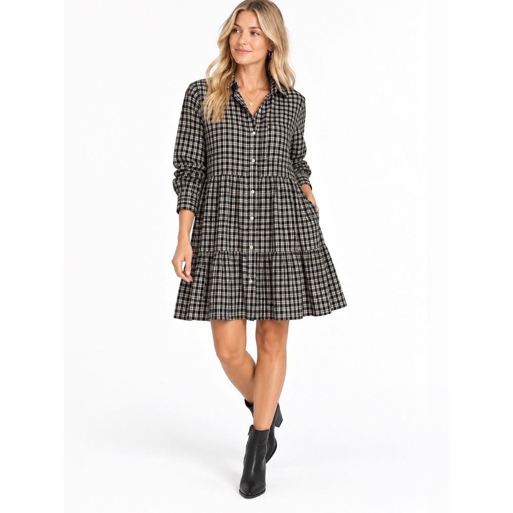 Loft Plaid Tiered Shirt Dress Black Cream Small Oversized